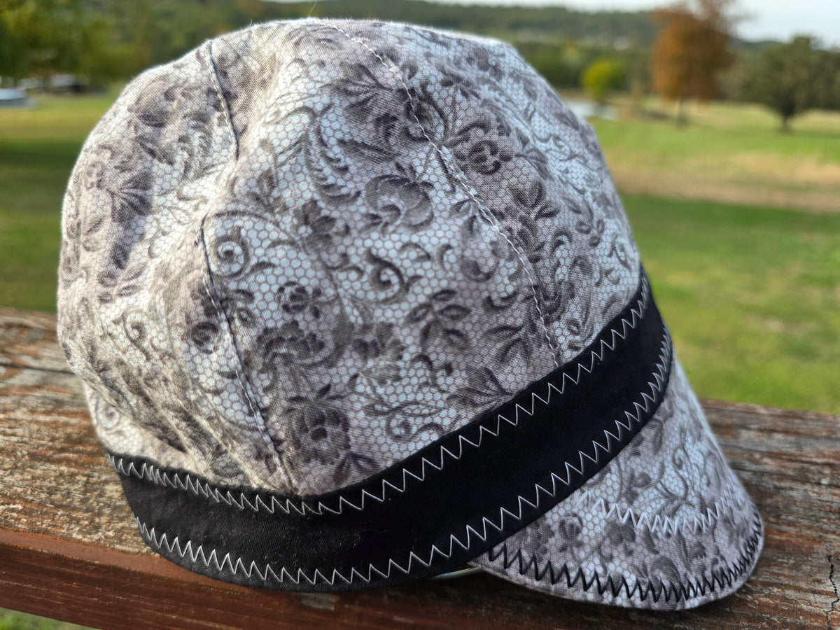 Handmade gray lace reversible welding cap with black crown and lace bill