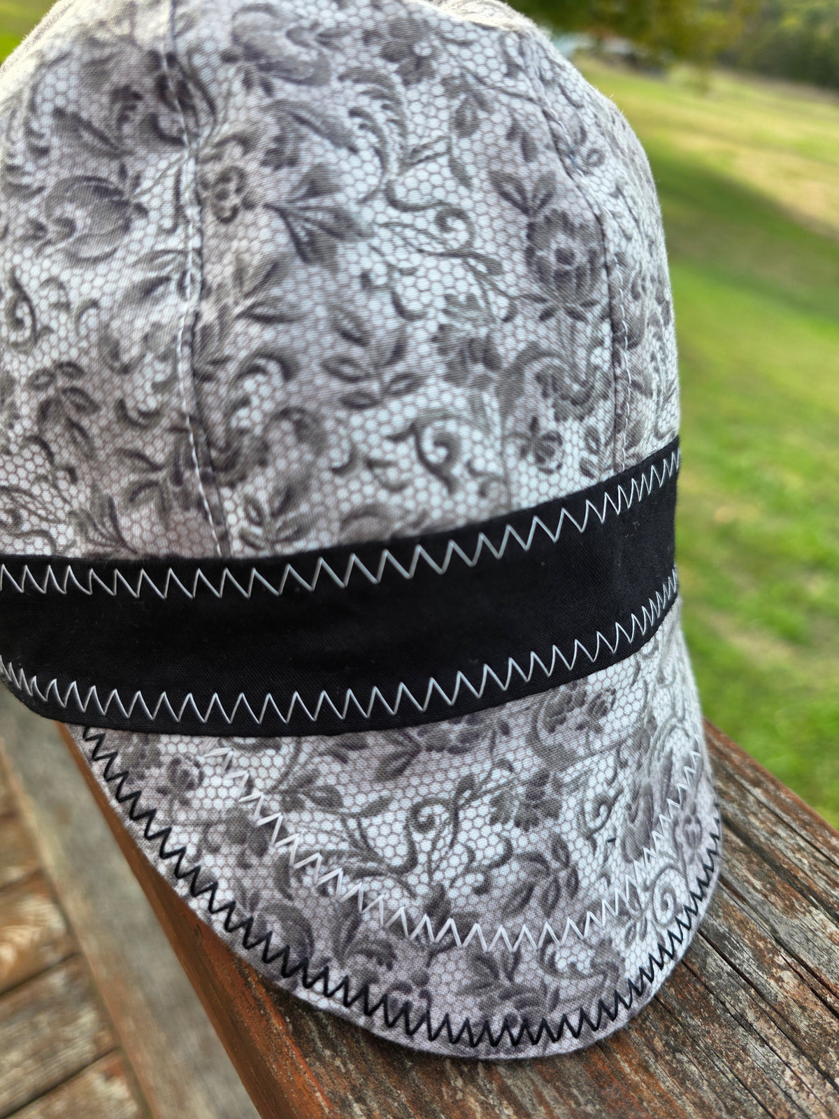 Handmade gray lace reversible welding cap with black crown and lace bill