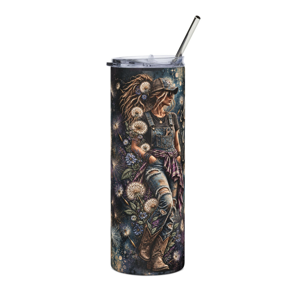 Country girl tumbler with cowgirl in overalls, boots and dandelions