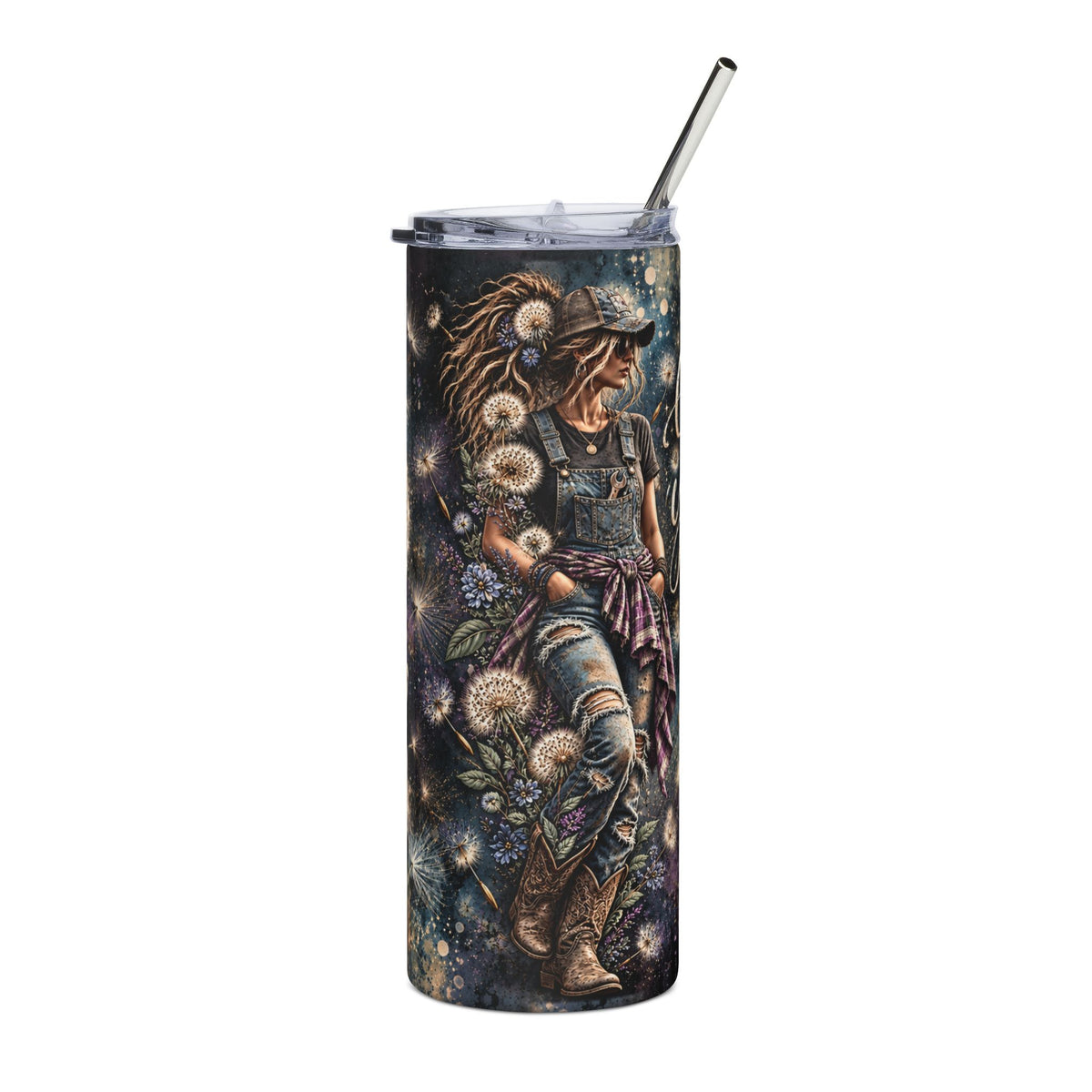 Country girl tumbler with cowgirl in overalls, boots and dandelions