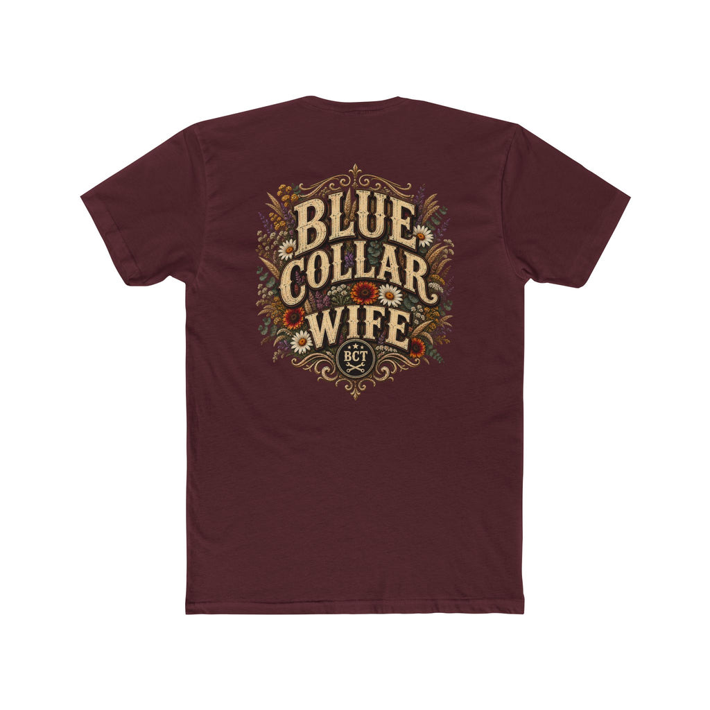 Spoiled Blue Collar Wife Funded by Overtime shirt with farm girl, chickens and sunflowers back print