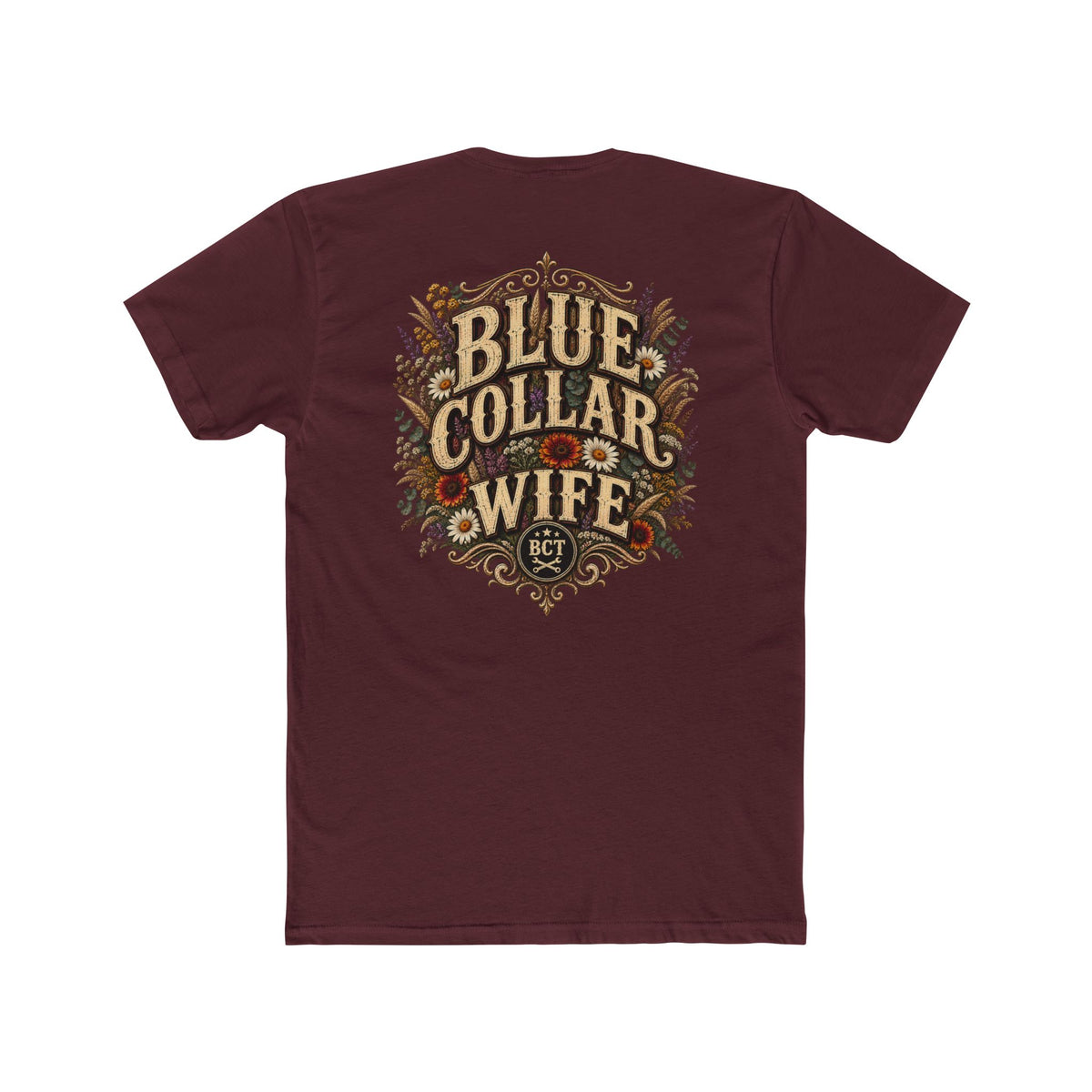 Spoiled Blue Collar Wife Funded by Overtime shirt with farm girl, chickens and sunflowers back print