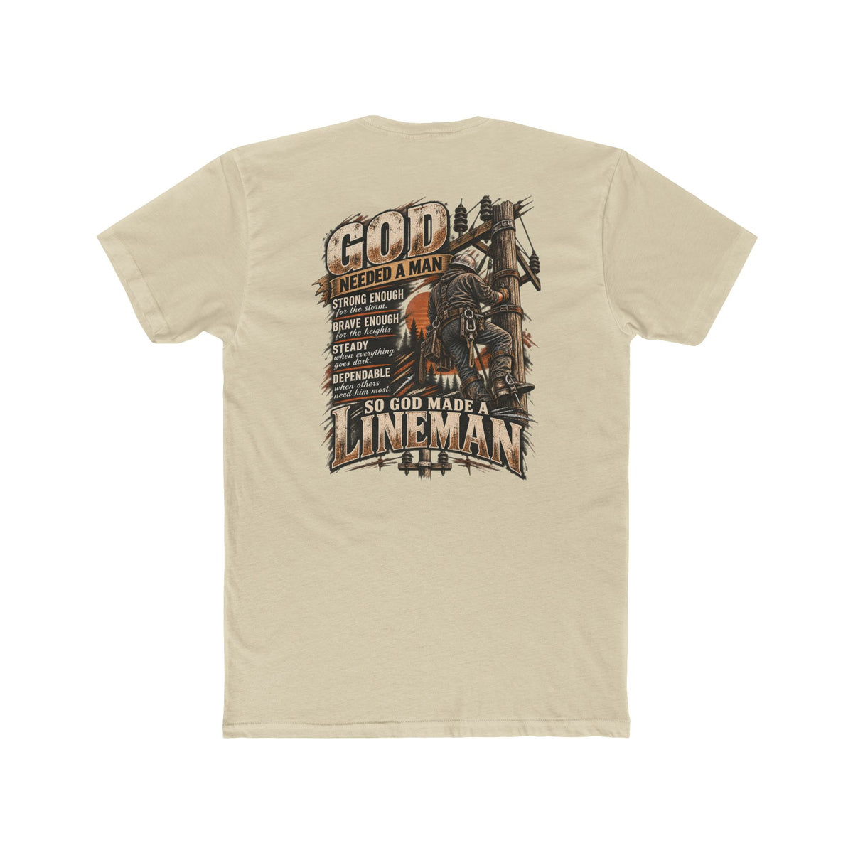 So God Made a Lineman shirt with lineman climbing a power pole back print