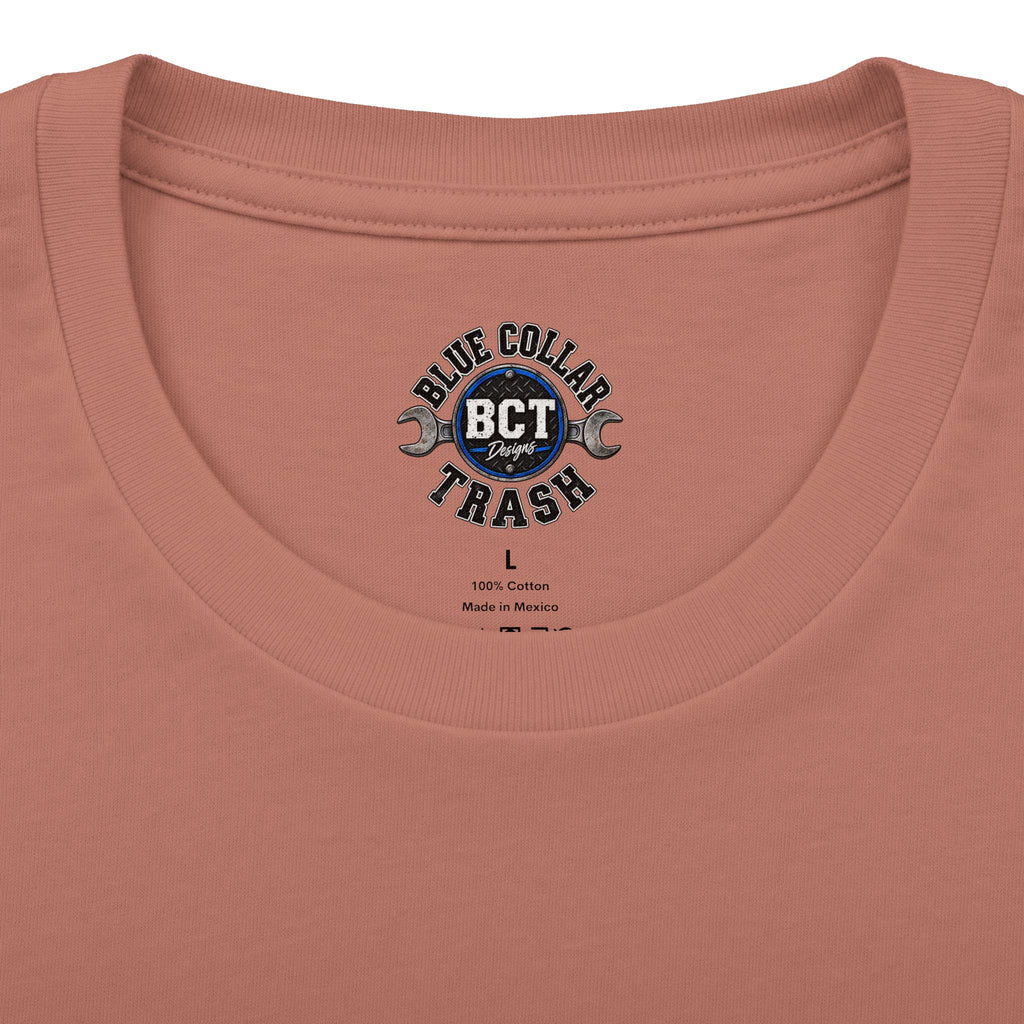 Spoiled Blue Collar Wife Funded by Overtime shirt with farm girl, chickens and sunflowers back print