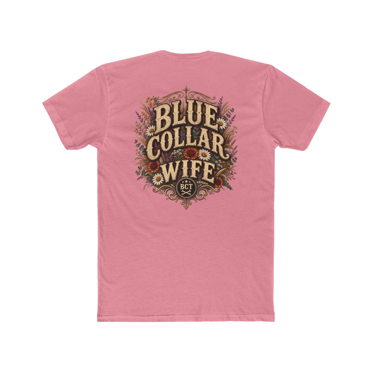 Spoiled Blue Collar Wife Funded by Overtime shirt with farm girl, chickens and sunflowers back print