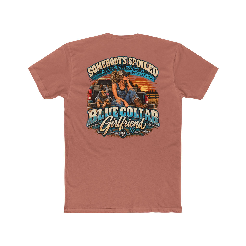 Somebody's Spoiled Blue Collar Girlfriend shirt with truck, blue heeler and sunset back print