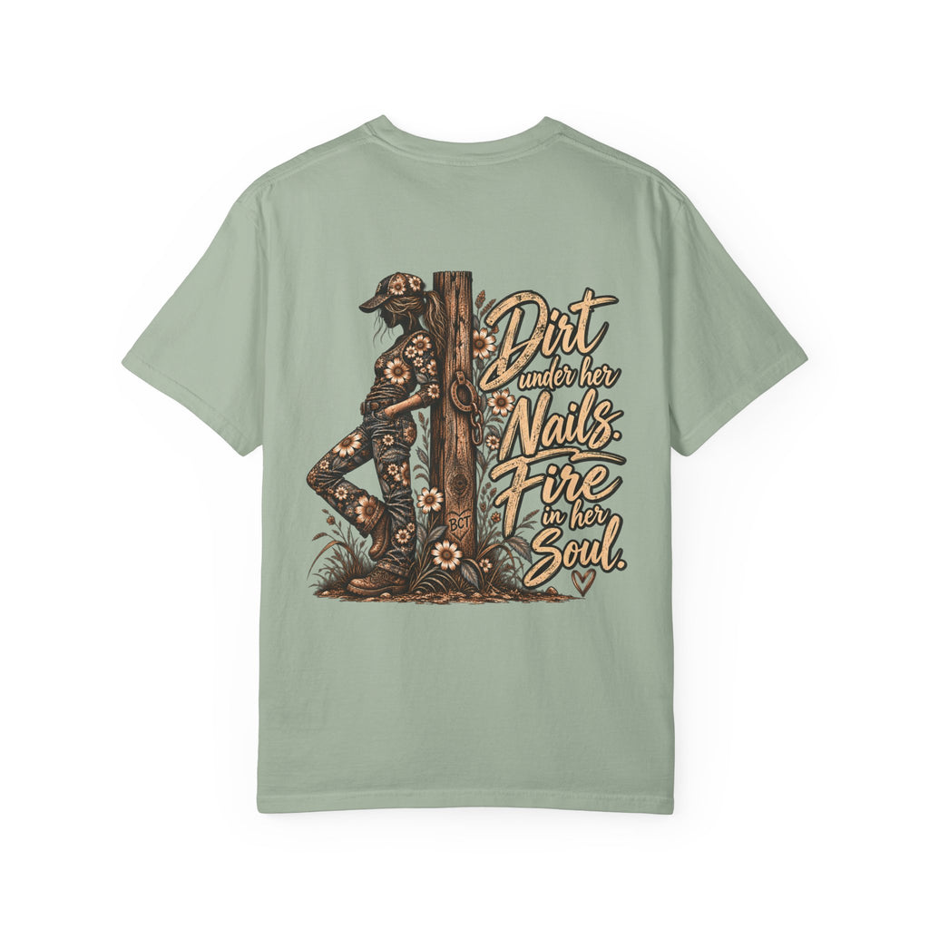 Dirt Under Her Nails Fire in Her Soul cowgirl shirt with floral western back print