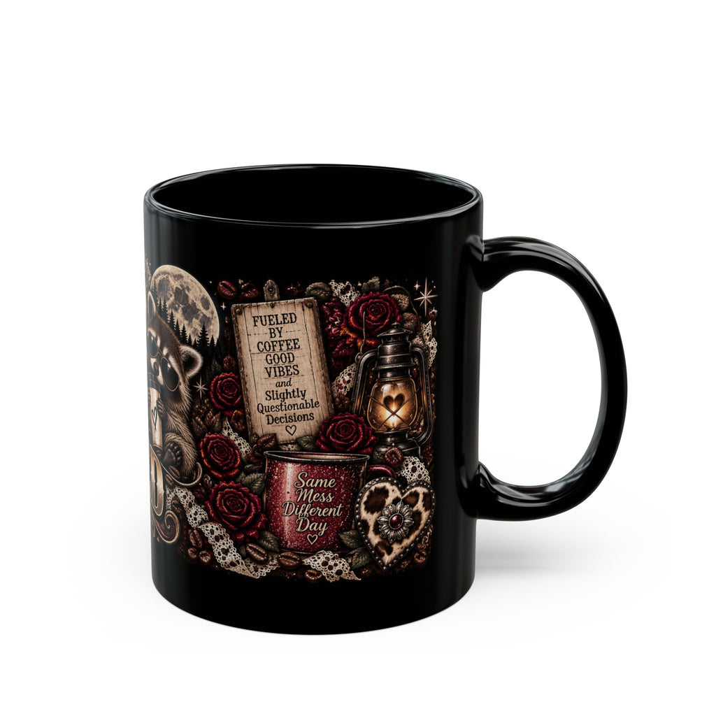 Tired and Wired raccoon coffee mug with western cowgirl roses and boots