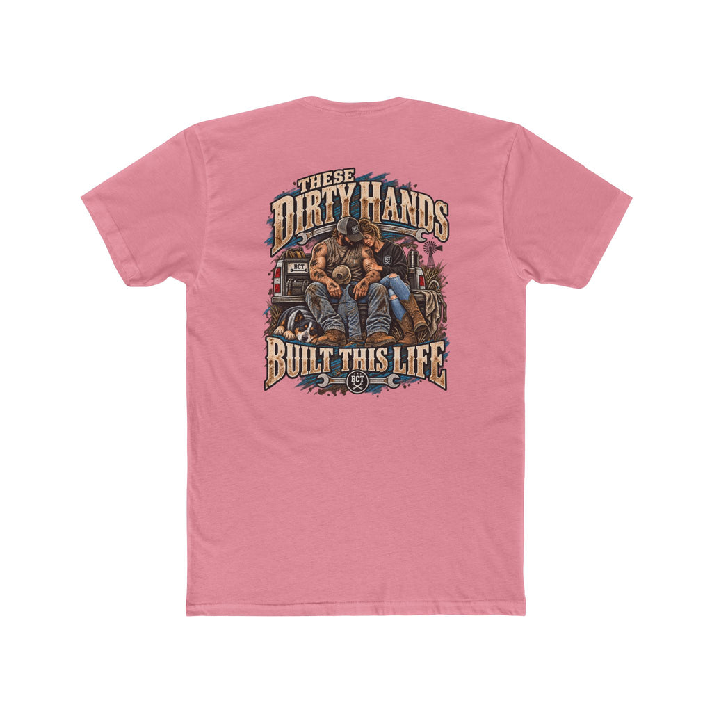 These Dirty Hands Built This Life blue collar shirt with couple, truck and dog back print