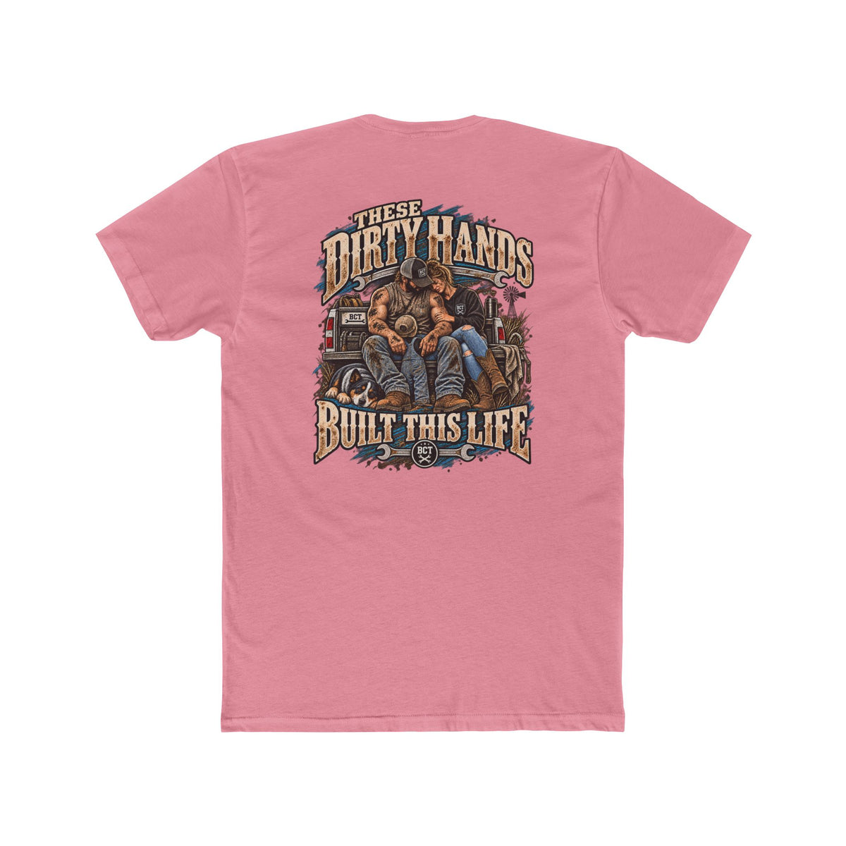 These Dirty Hands Built This Life blue collar shirt with couple, truck and dog back print