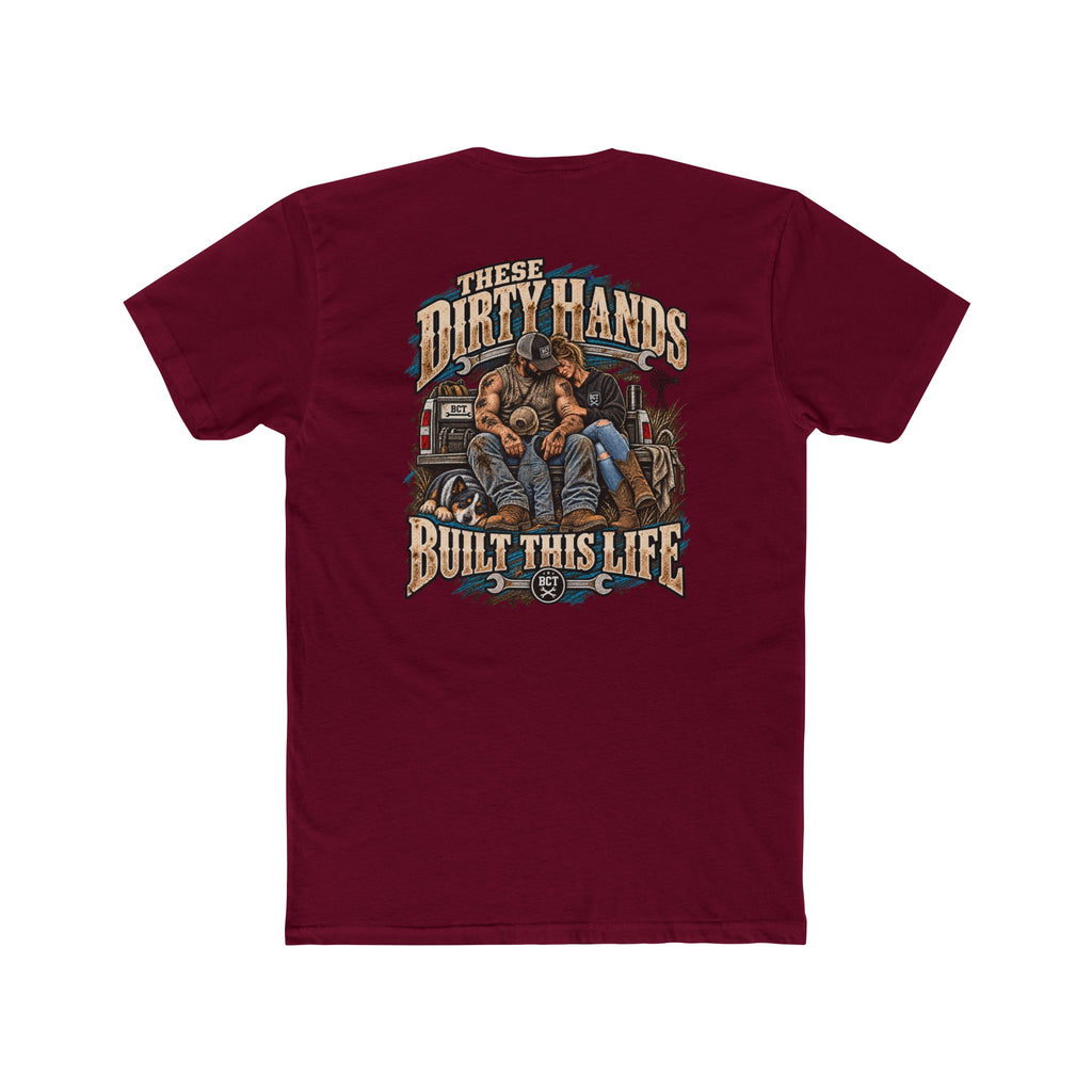 These Dirty Hands Built This Life blue collar shirt with couple, truck and dog back print