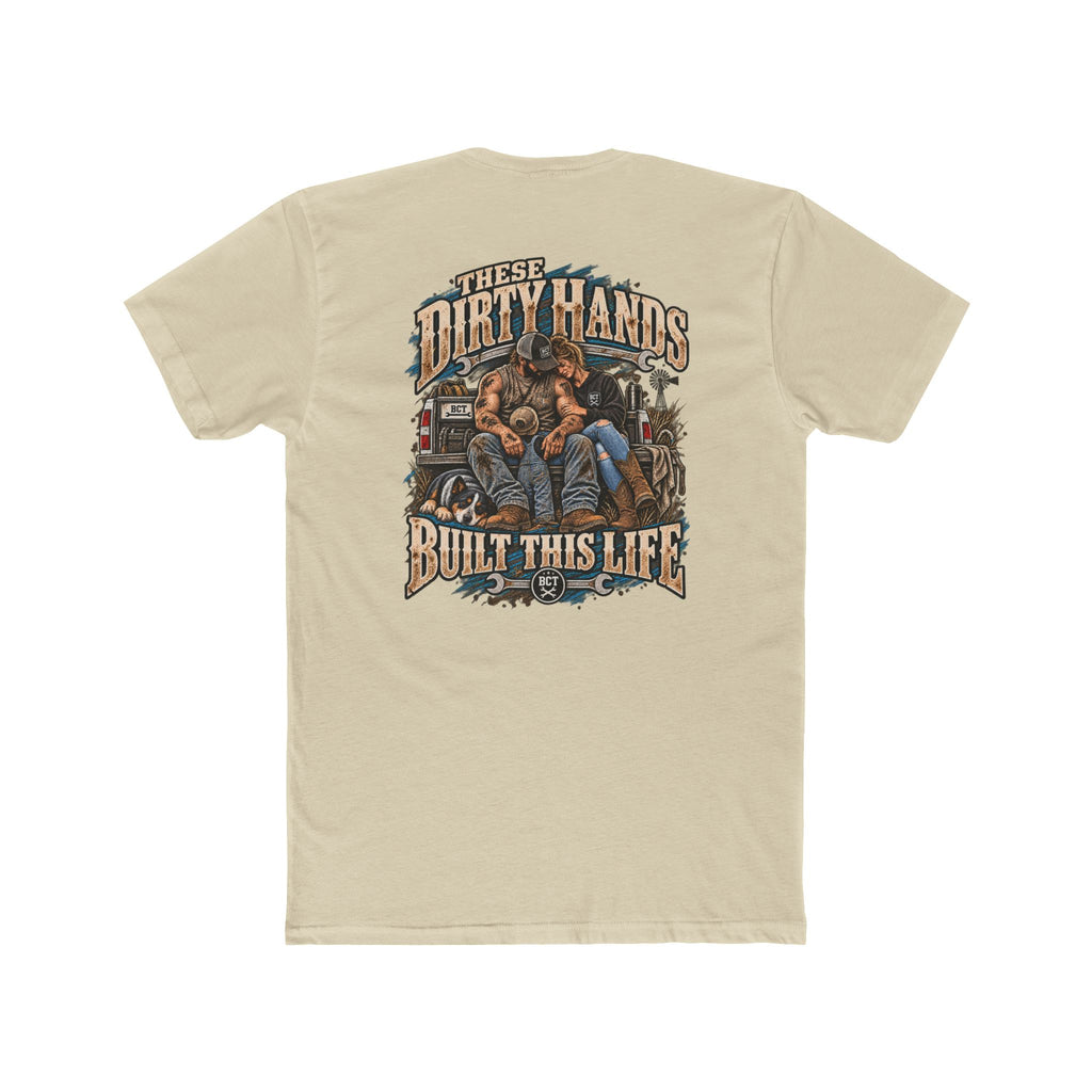 These Dirty Hands Built This Life blue collar shirt with couple, truck and dog back print