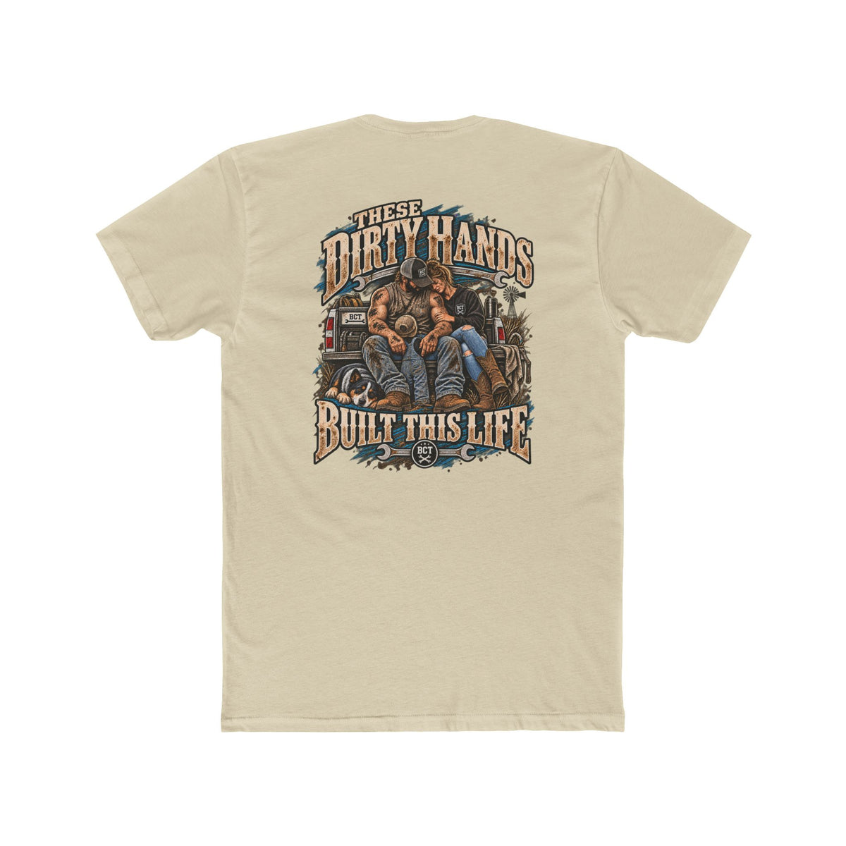 These Dirty Hands Built This Life blue collar shirt with couple, truck and dog back print