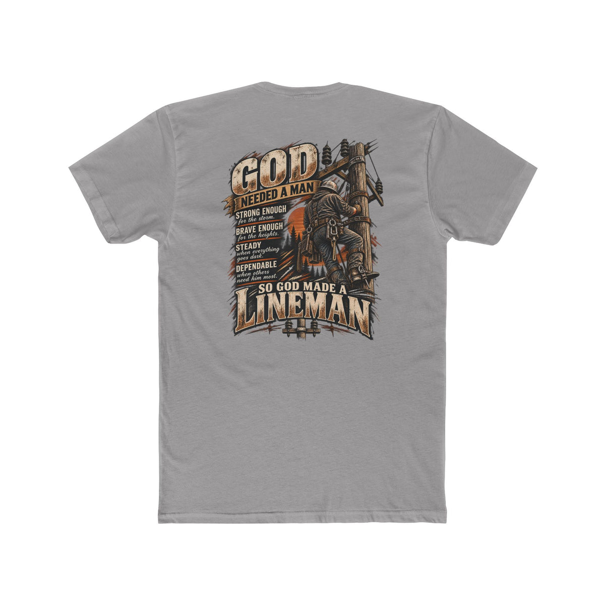 So God Made a Lineman shirt with lineman climbing a power pole back print