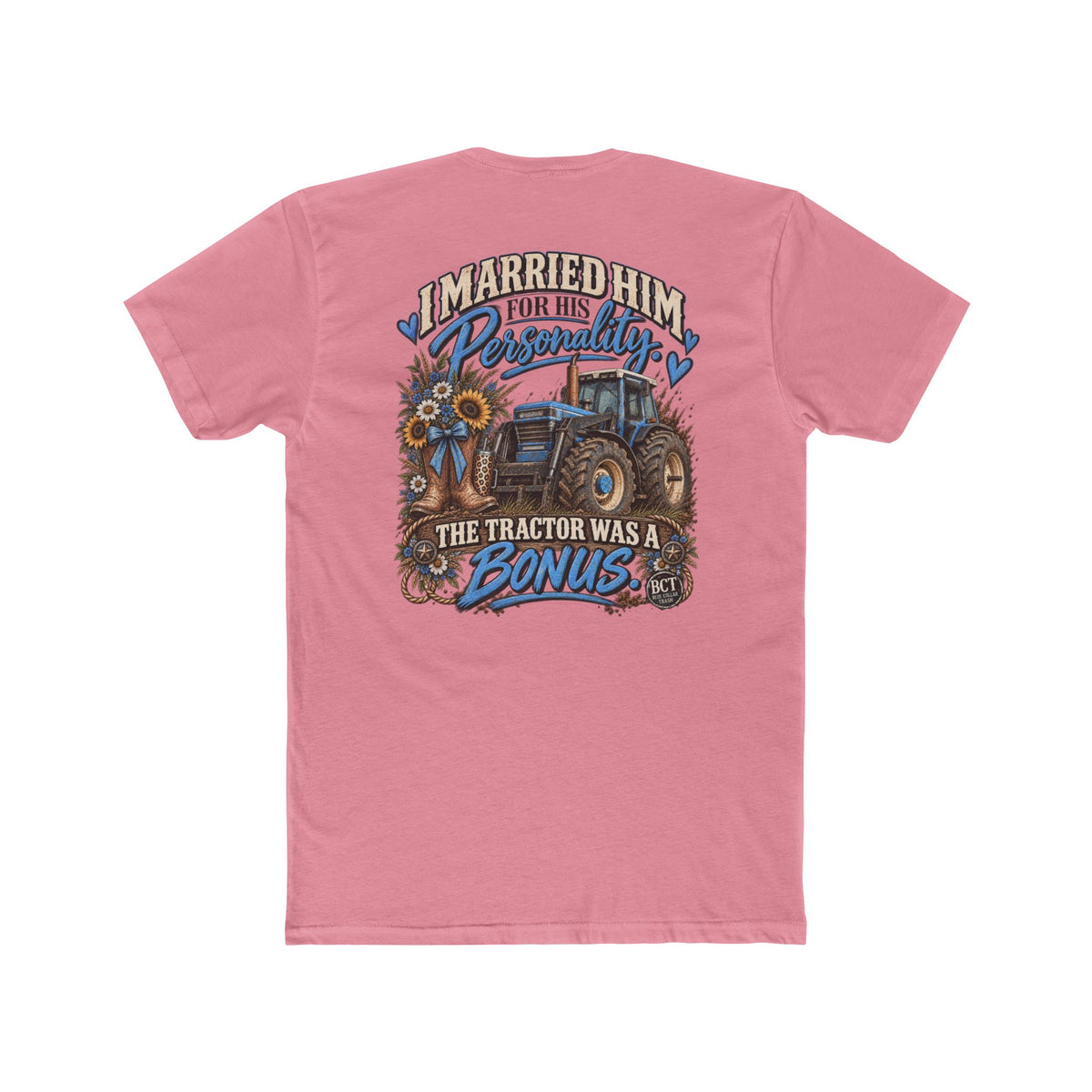 Farm wife tee with blue tractor, cowgirl boots and sunflowers by Blue Collar Trash