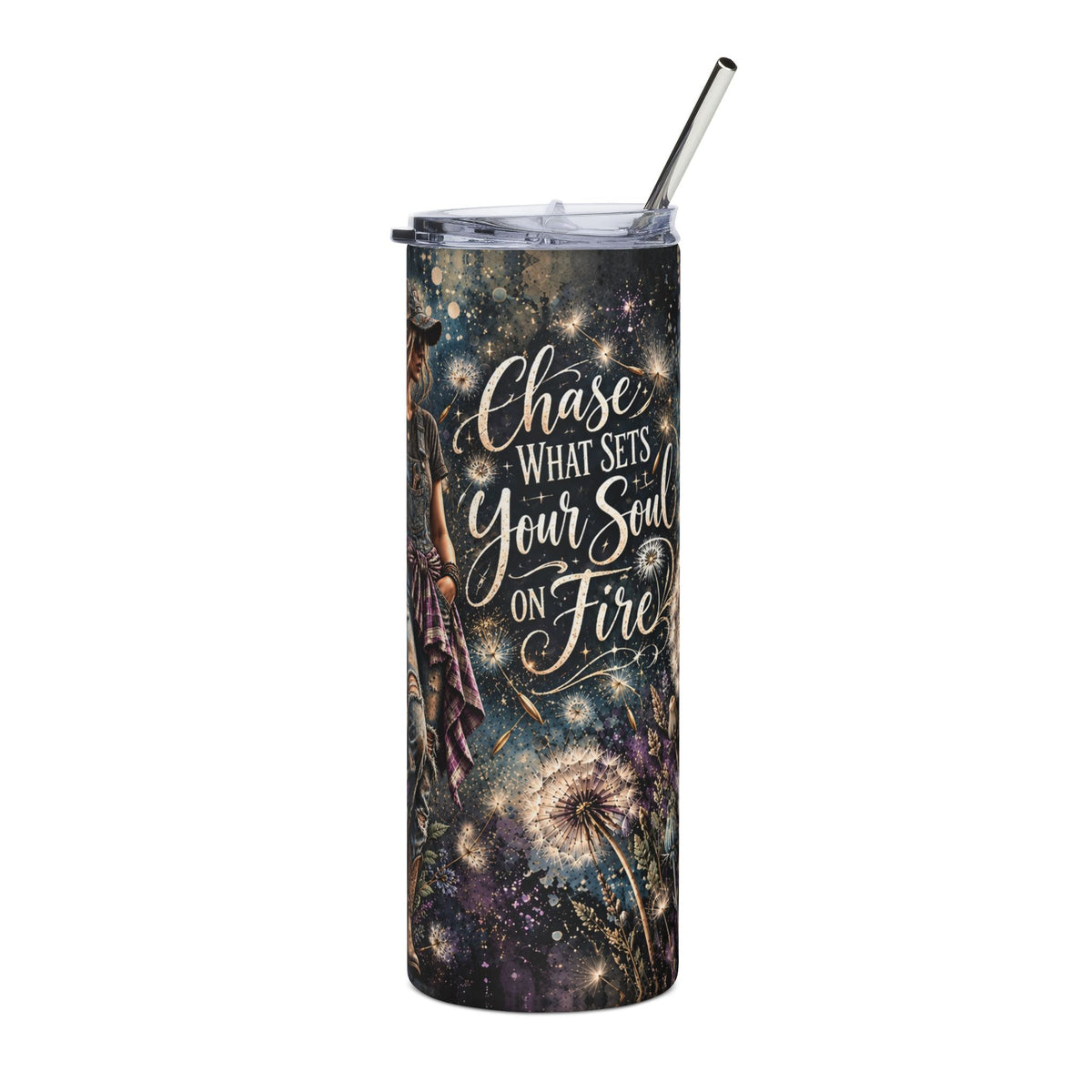 Country girl tumbler with cowgirl in overalls, boots and dandelions