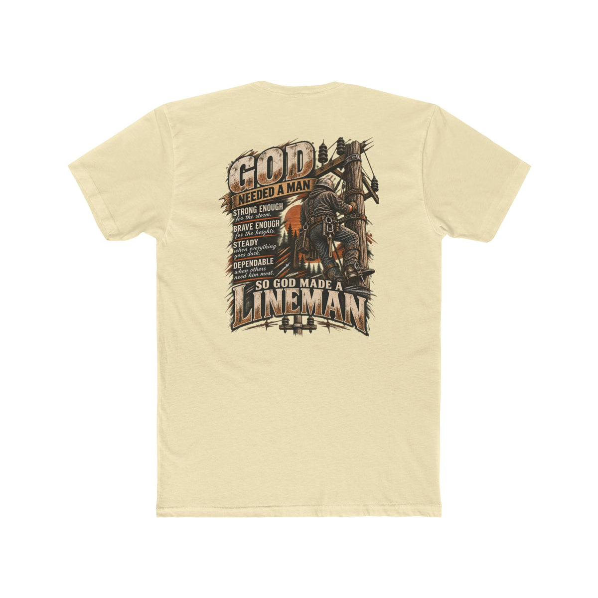 So God Made a Lineman shirt with lineman climbing a power pole back print
