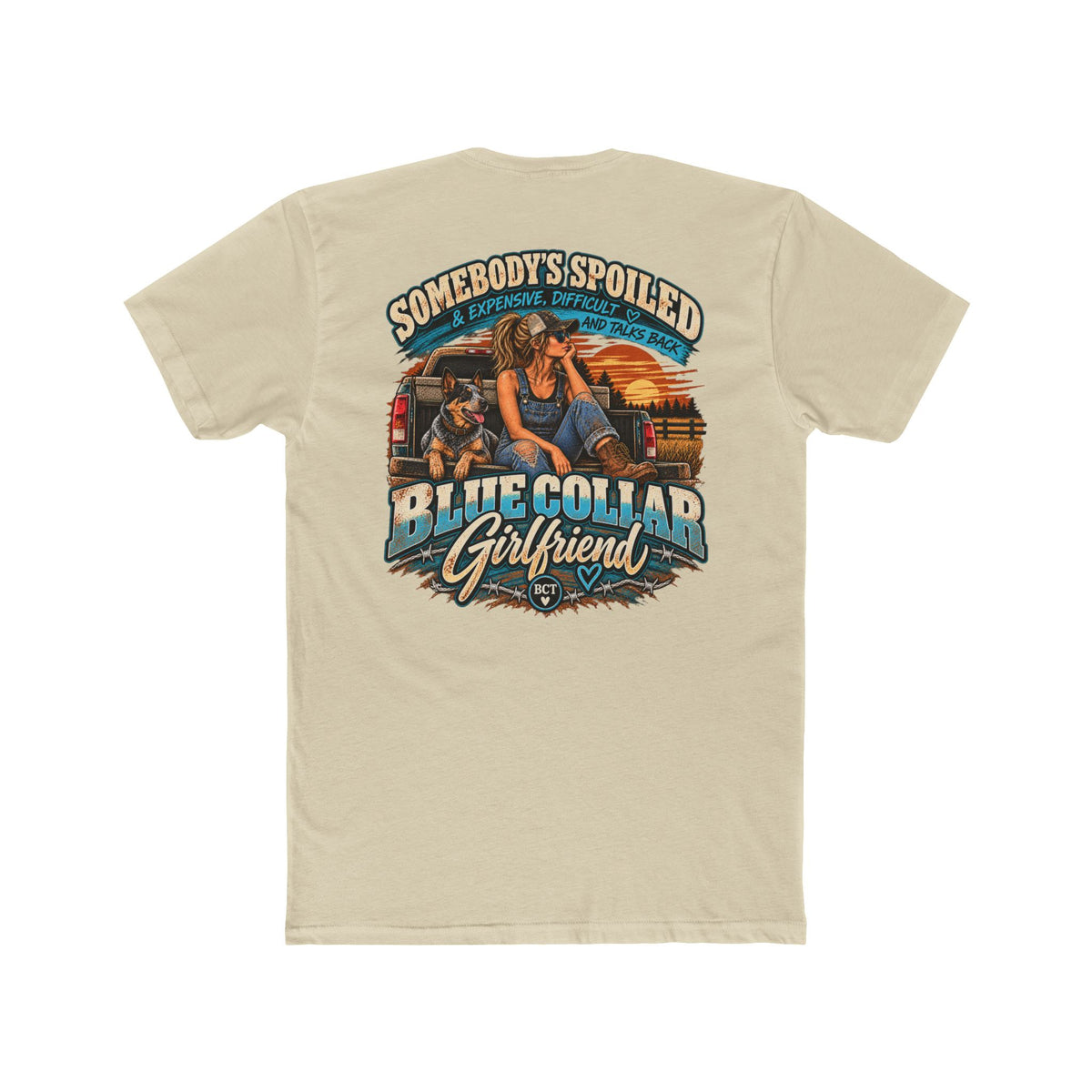 Somebody's Spoiled Blue Collar Girlfriend shirt with truck, blue heeler and sunset back print
