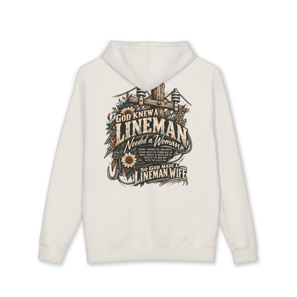 So God Made a Lineman Wife hoodie with power pole and sunflower back print