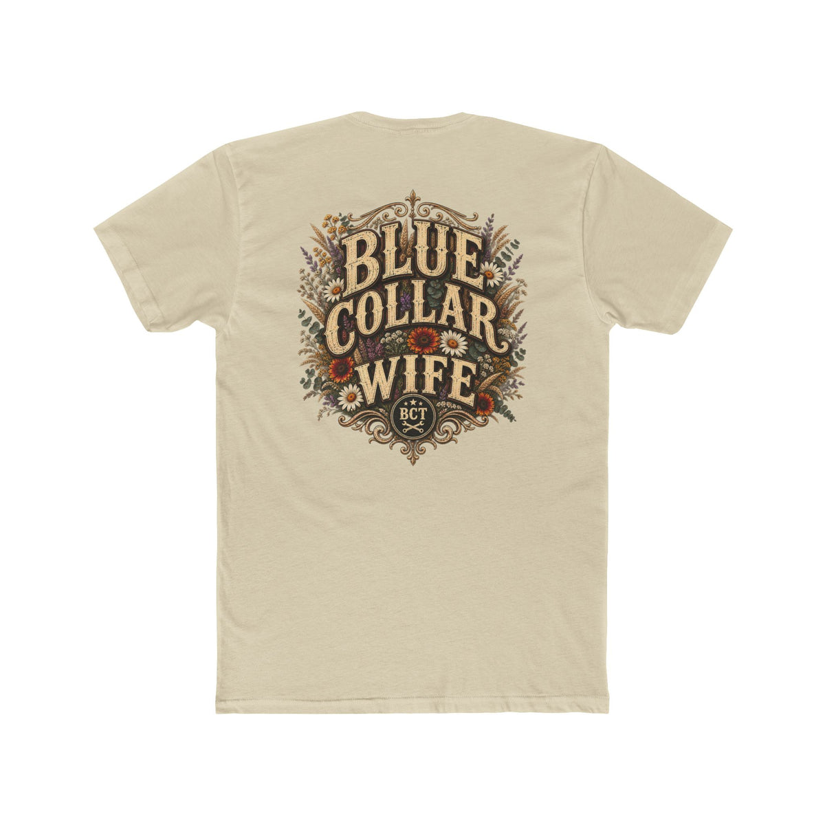 Spoiled Blue Collar Wife Funded by Overtime shirt with farm girl, chickens and sunflowers back print
