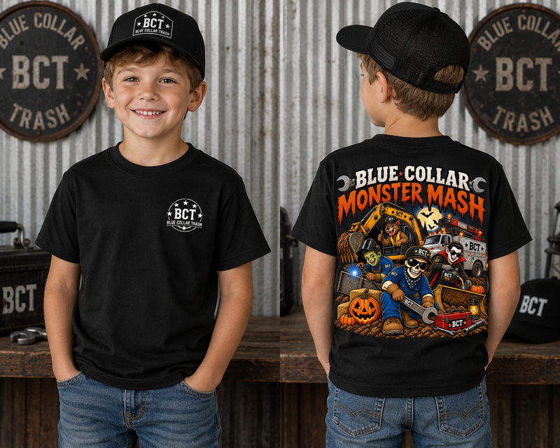 Blue Collar Monster Mash Kids Shirt | Boys Halloween Heavy Equipment Tee