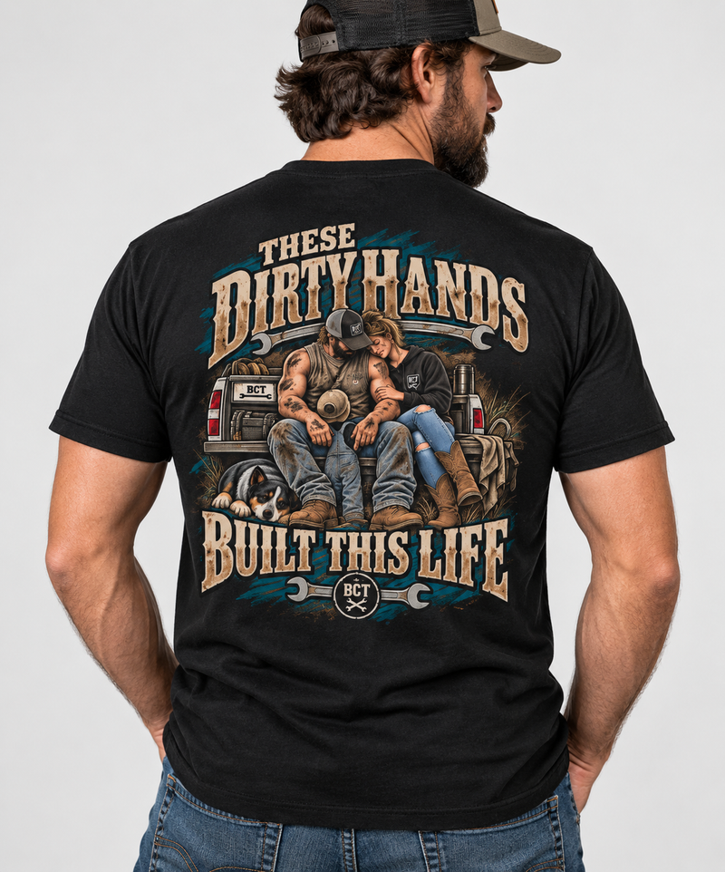 These Dirty Hands Built This Life blue collar shirt with couple, truck and dog back print
