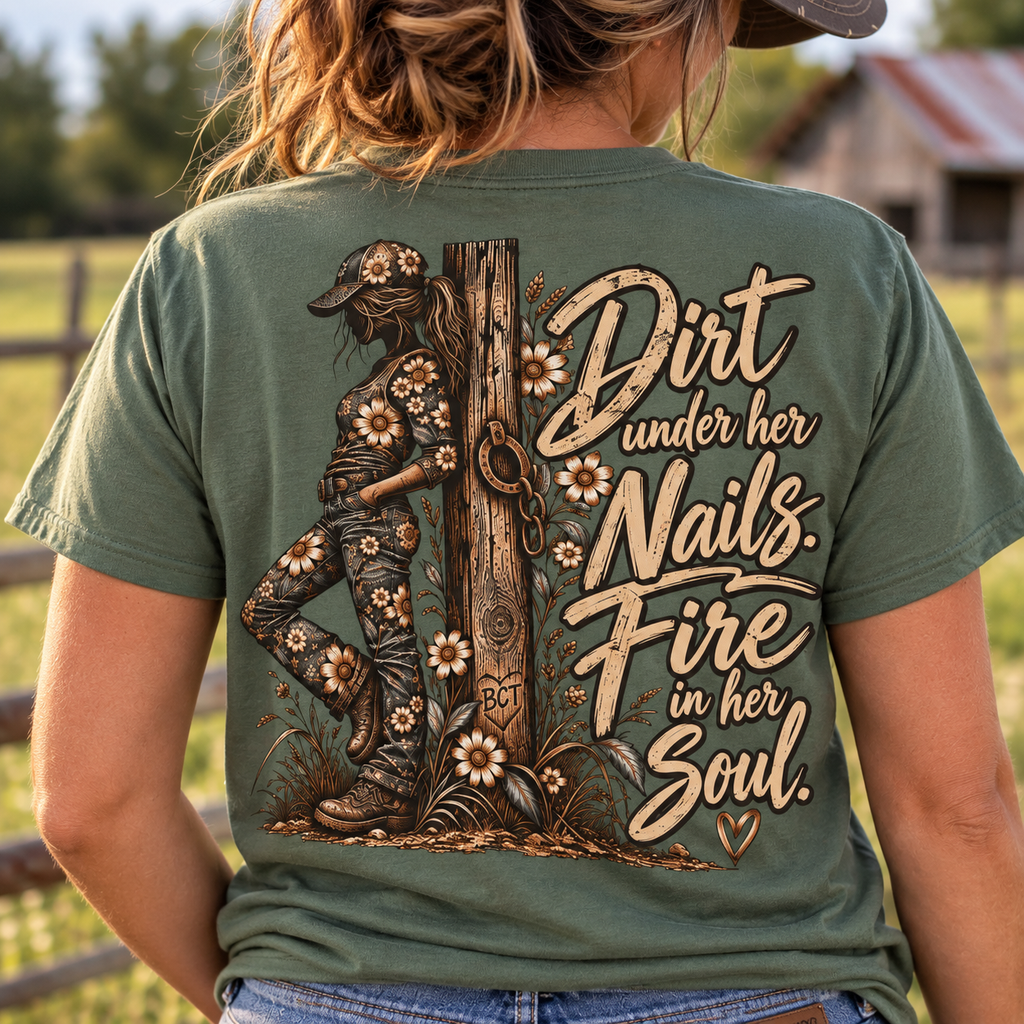 Dirt Under Her Nails Fire in Her Soul cowgirl shirt with floral western back print