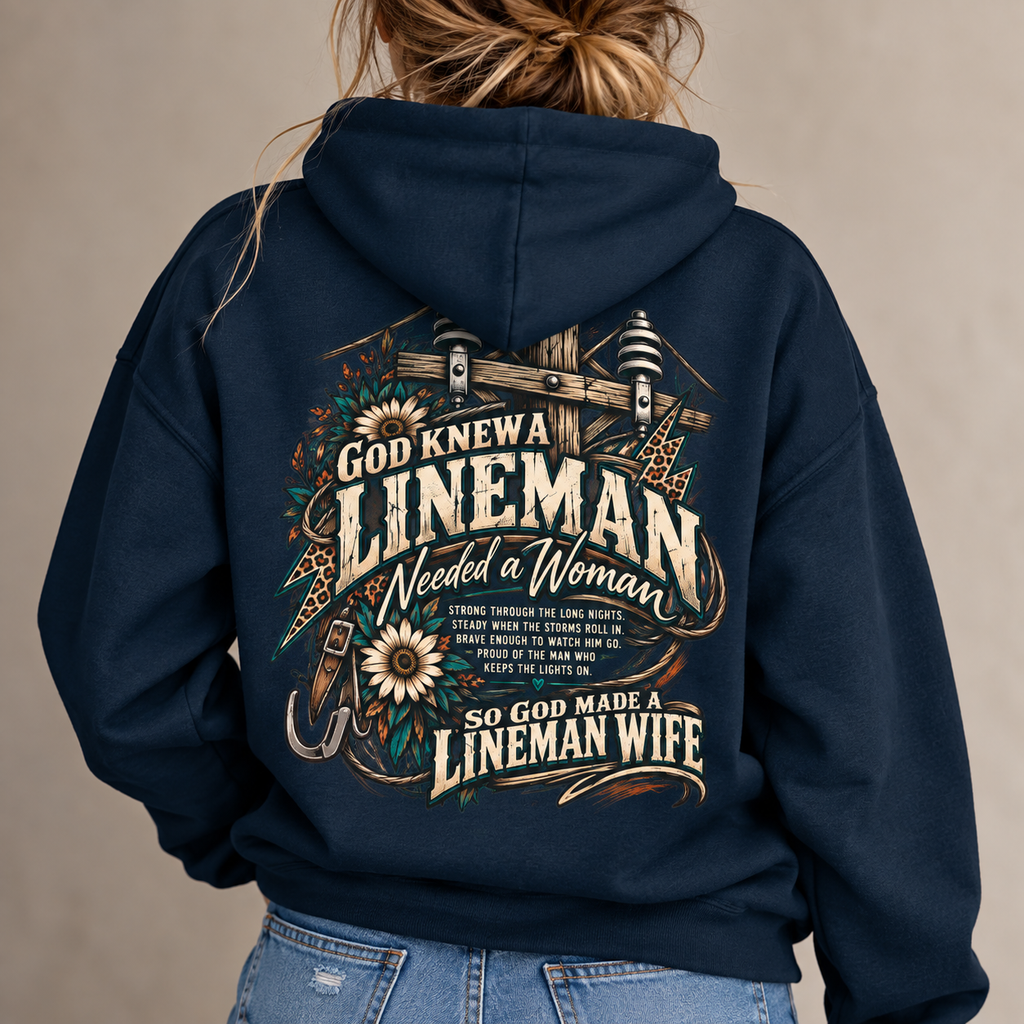 So God Made a Lineman Wife hoodie with power pole and sunflower back print