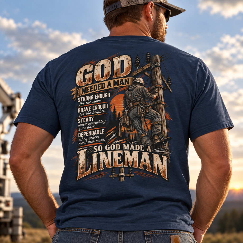 So God Made a Lineman shirt with lineman climbing a power pole back print