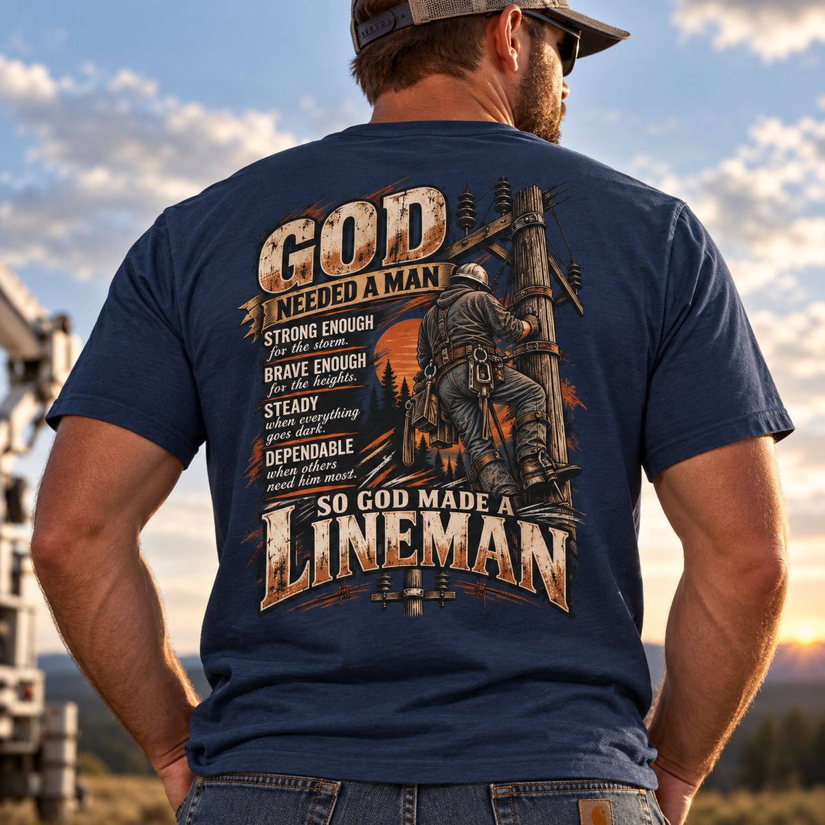 So God Made a Lineman shirt with lineman climbing a power pole back print