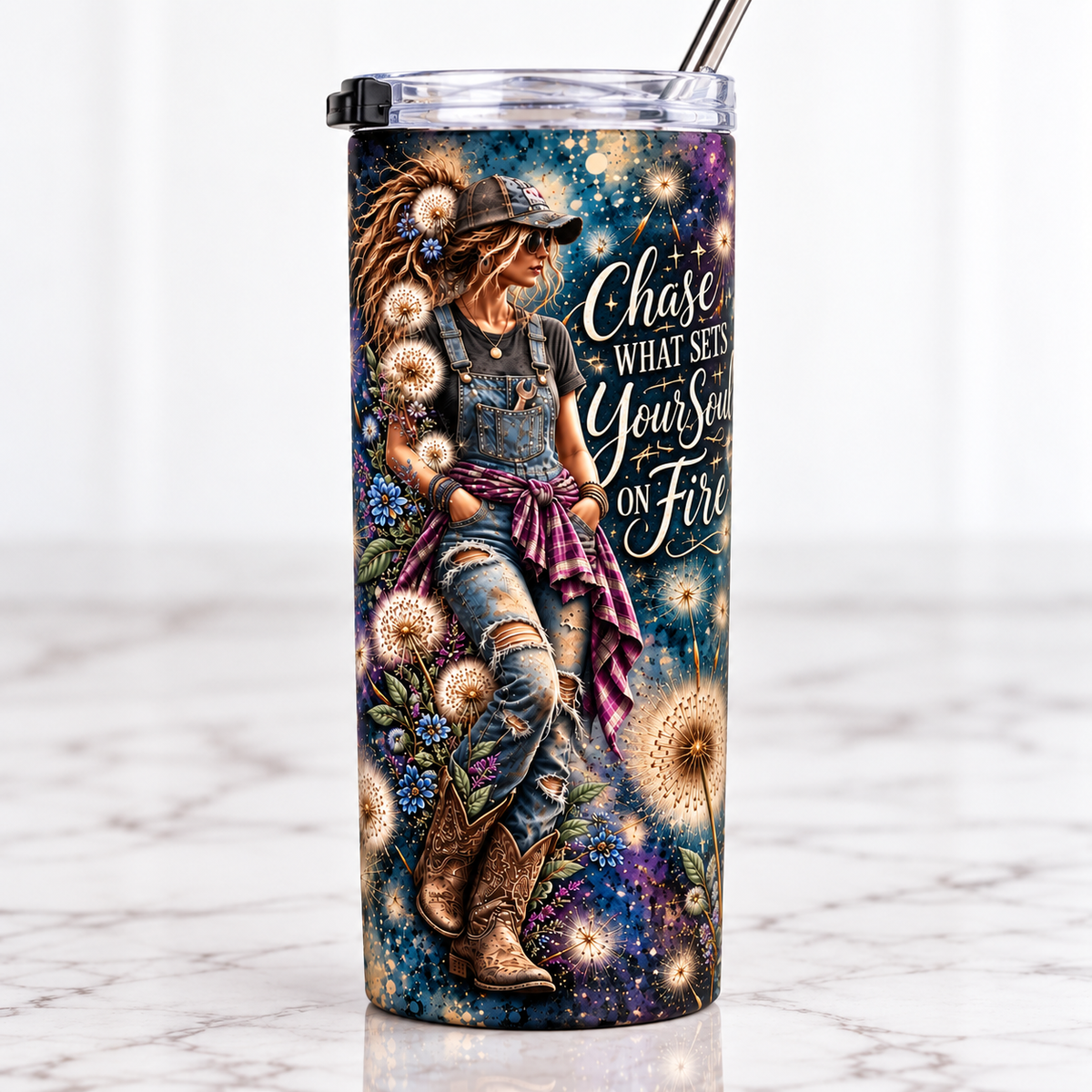 Dandelion farm girl tumbler, 20 oz cowgirl travel tumbler with wrap-around art
