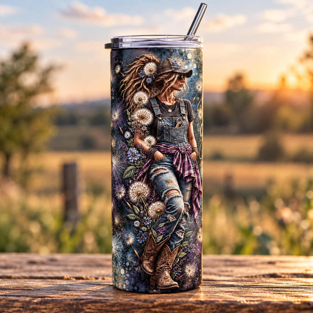 Dandelion farm girl tumbler, 20 oz cowgirl travel tumbler with wrap-around art