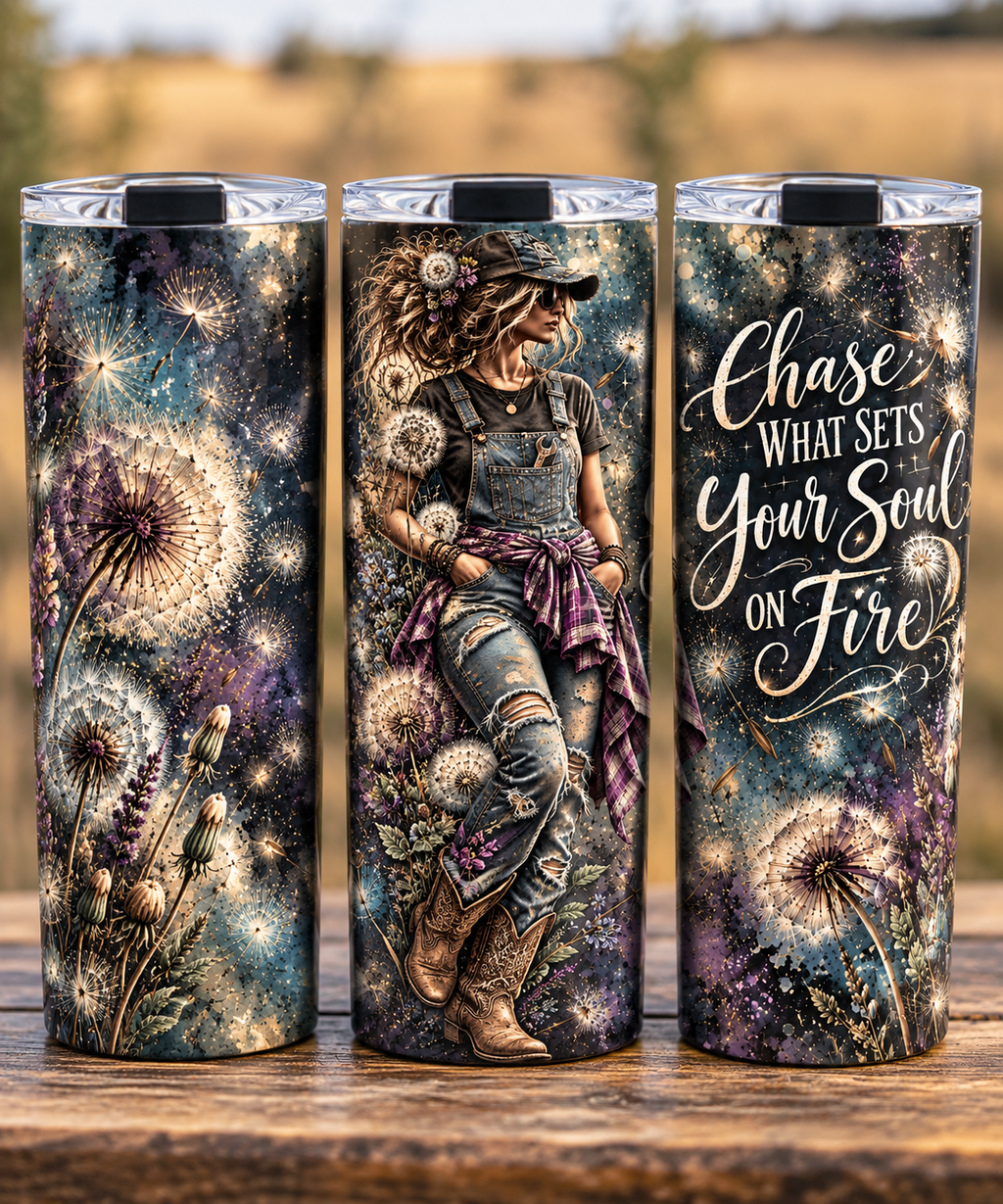 Dandelion farm girl tumbler, 20 oz cowgirl travel tumbler with wrap-around art