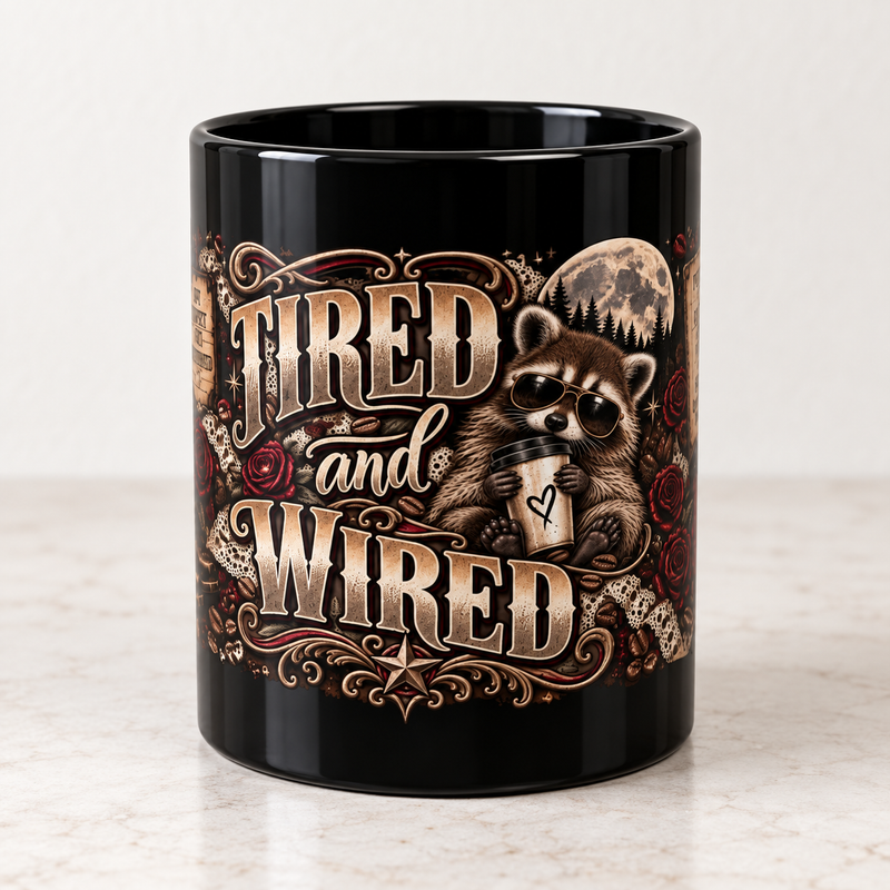 Tired and Wired raccoon coffee mug with western cowgirl roses and boots