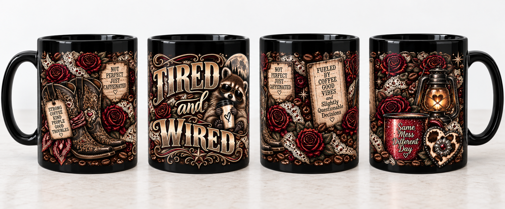 Tired and Wired raccoon coffee mug with western cowgirl roses and boots