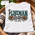 Lineman Wife Club shirt with teal leopard lettering, sunflowers and lineman climbing pole back print
