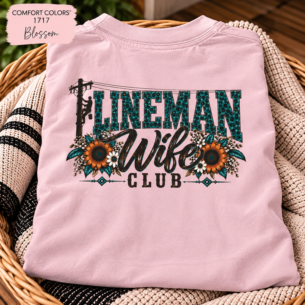 Lineman Wife Club shirt with teal leopard lettering, sunflowers and lineman climbing pole back print