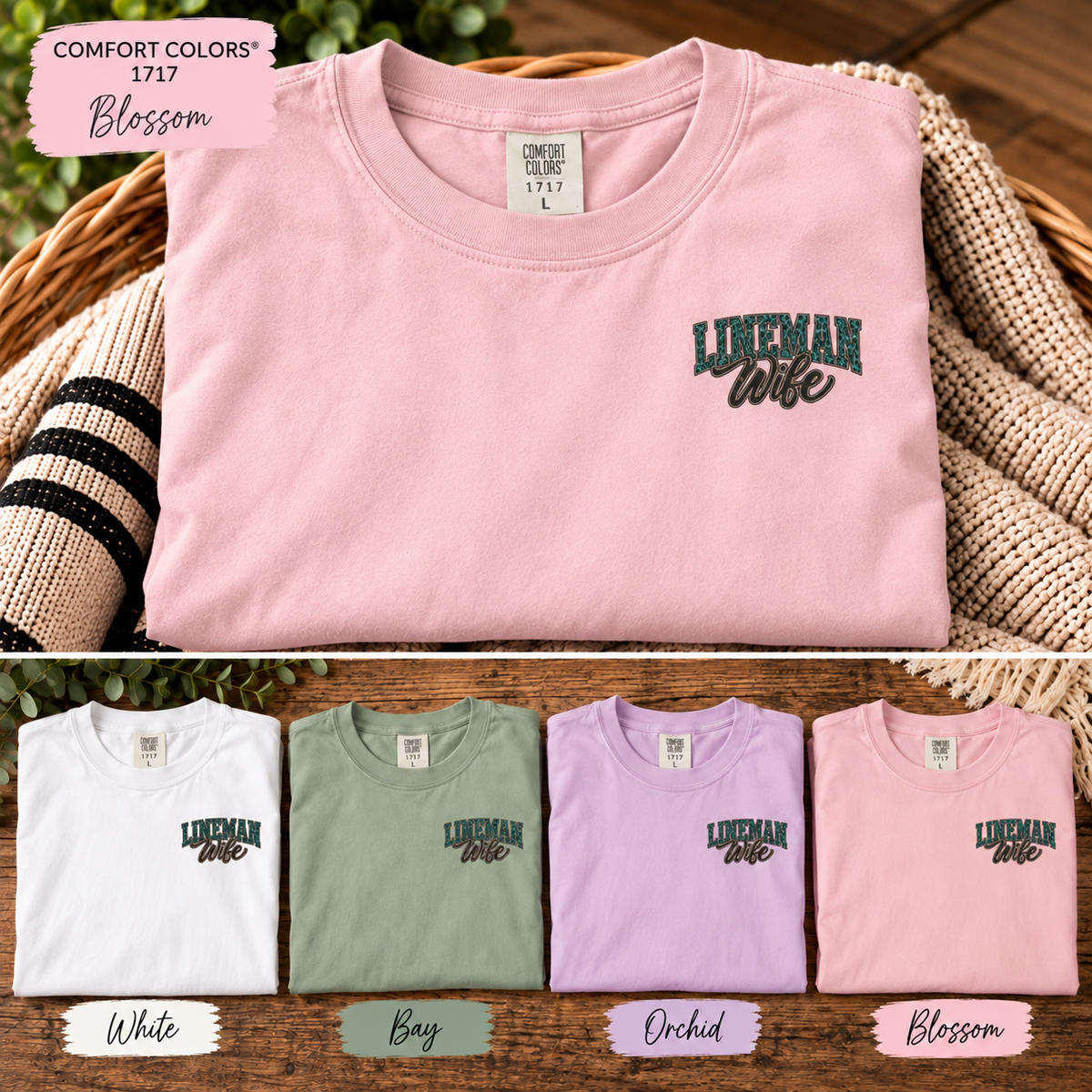 Lineman Wife Club shirt with teal leopard lettering, sunflowers and lineman climbing pole back print
