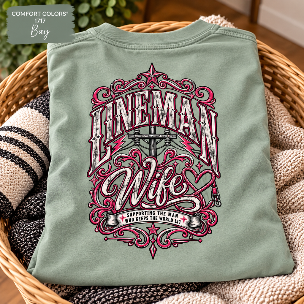 Lineman Wife shirt with pink vintage lettering, power pole and rope heart back print