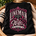 Lineman Wife shirt with pink vintage lettering, power pole and rope heart back print