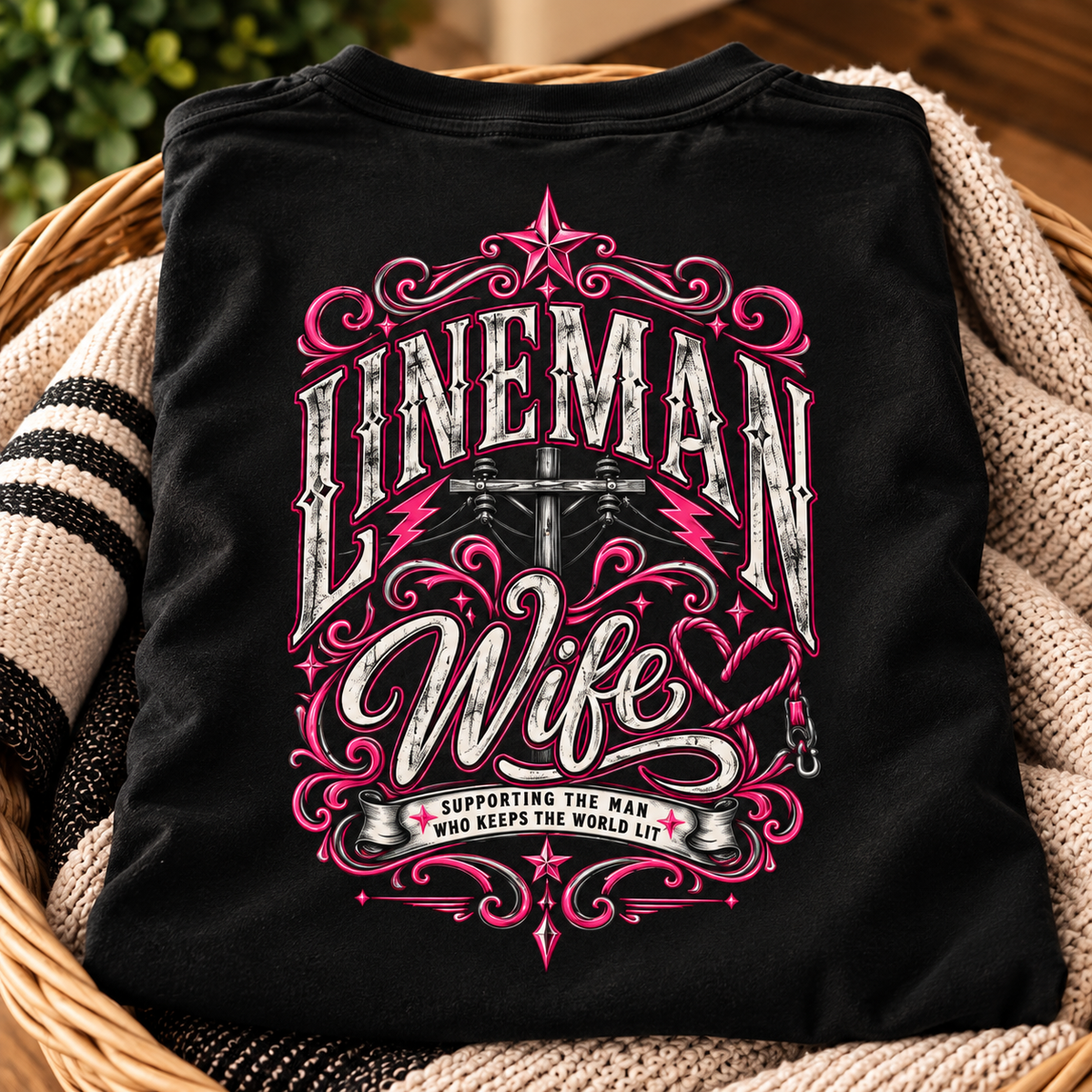 Lineman Wife shirt with pink vintage lettering, power pole and rope heart back print