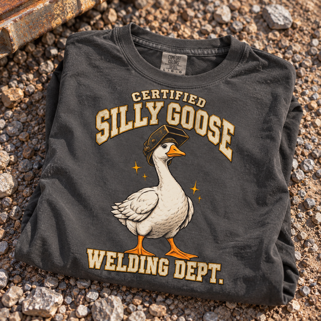 Funny welder Comfort Colors tee with silly goose graphic by Blue Collar Trash
