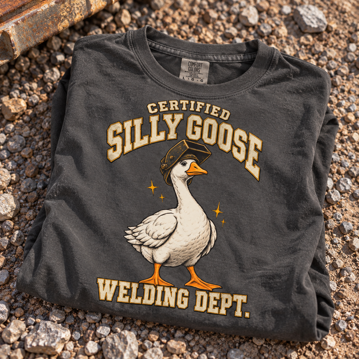 Funny welder Comfort Colors tee with silly goose graphic by Blue Collar Trash