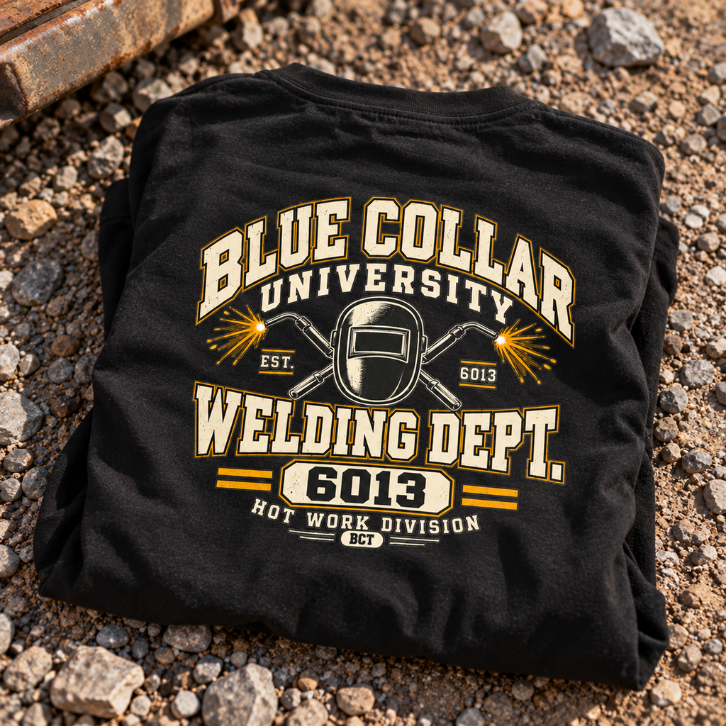 Blue Collar University Welding Dept shirt with welding hood, crossed torches and 6013 back print