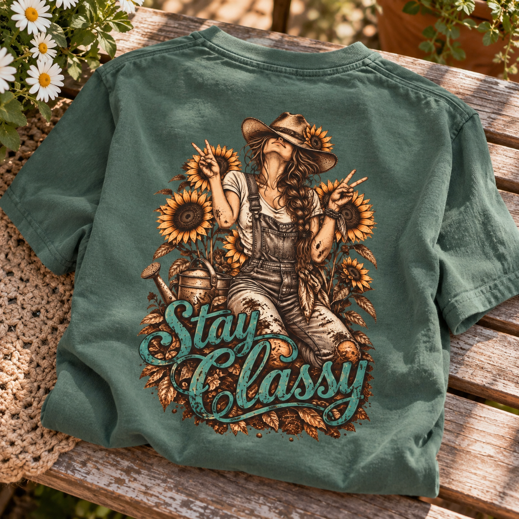 Stay Classy farm girl shirt with muddy cowgirl in overalls, sunflowers and peace signs back print