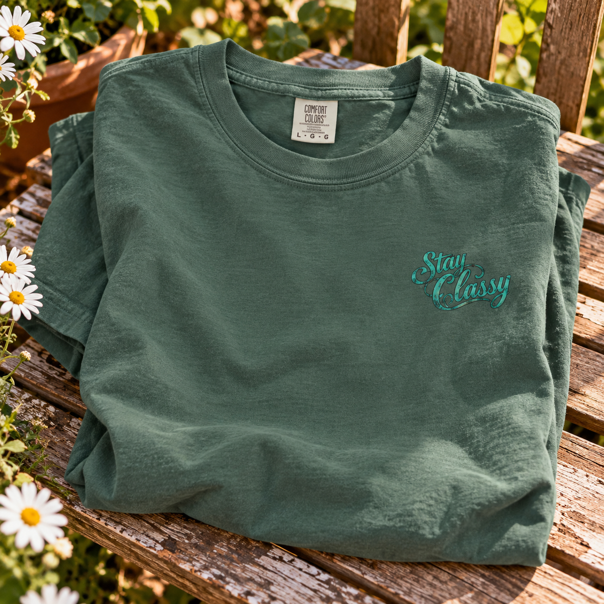 Comfort Colors cowgirl tee with sunflowers and turquoise Stay Classy script by Blue Collar Trash