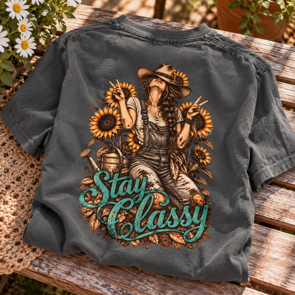 Stay Classy farm girl shirt with muddy cowgirl in overalls, sunflowers and peace signs back print