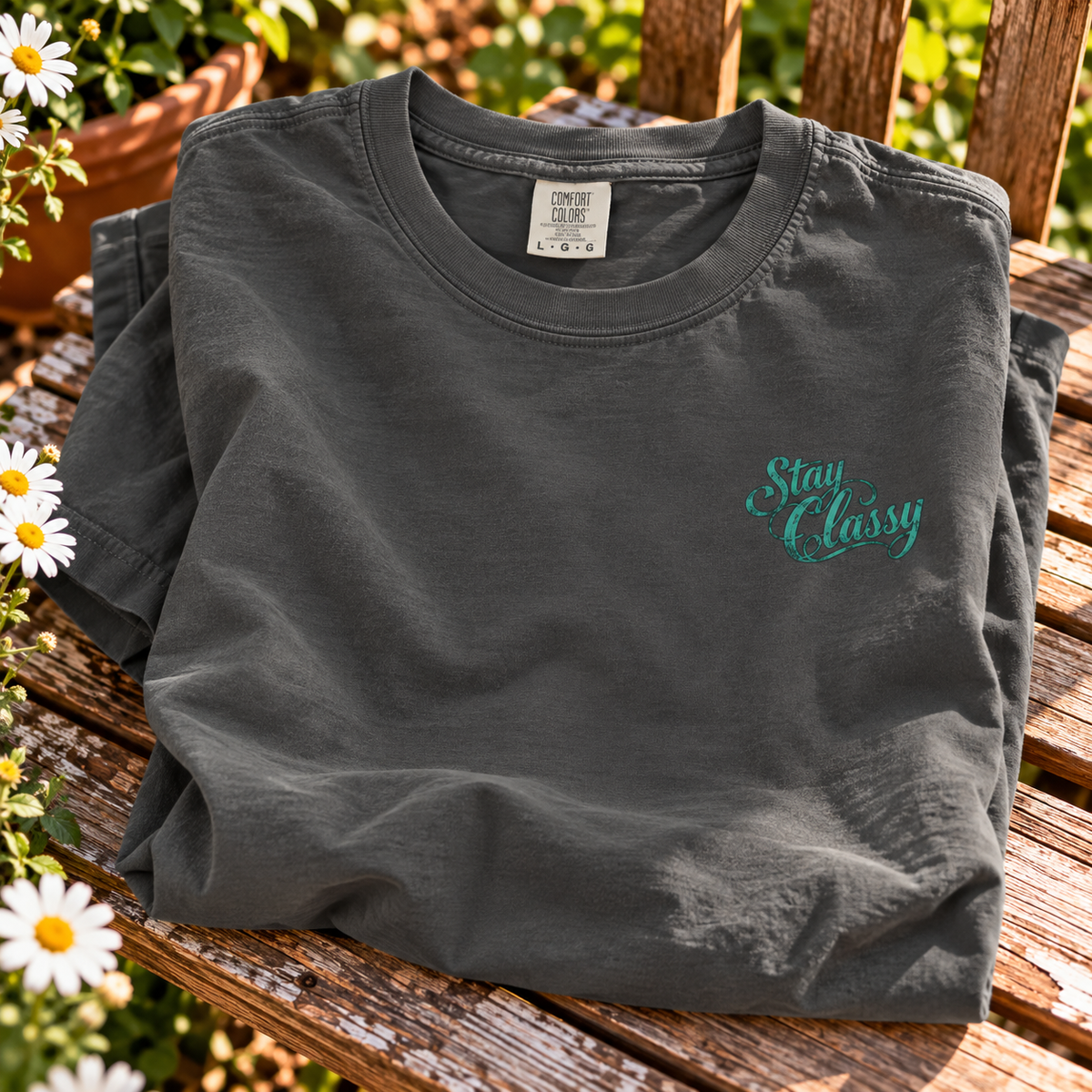 Comfort Colors cowgirl tee with sunflowers and turquoise Stay Classy script by Blue Collar Trash