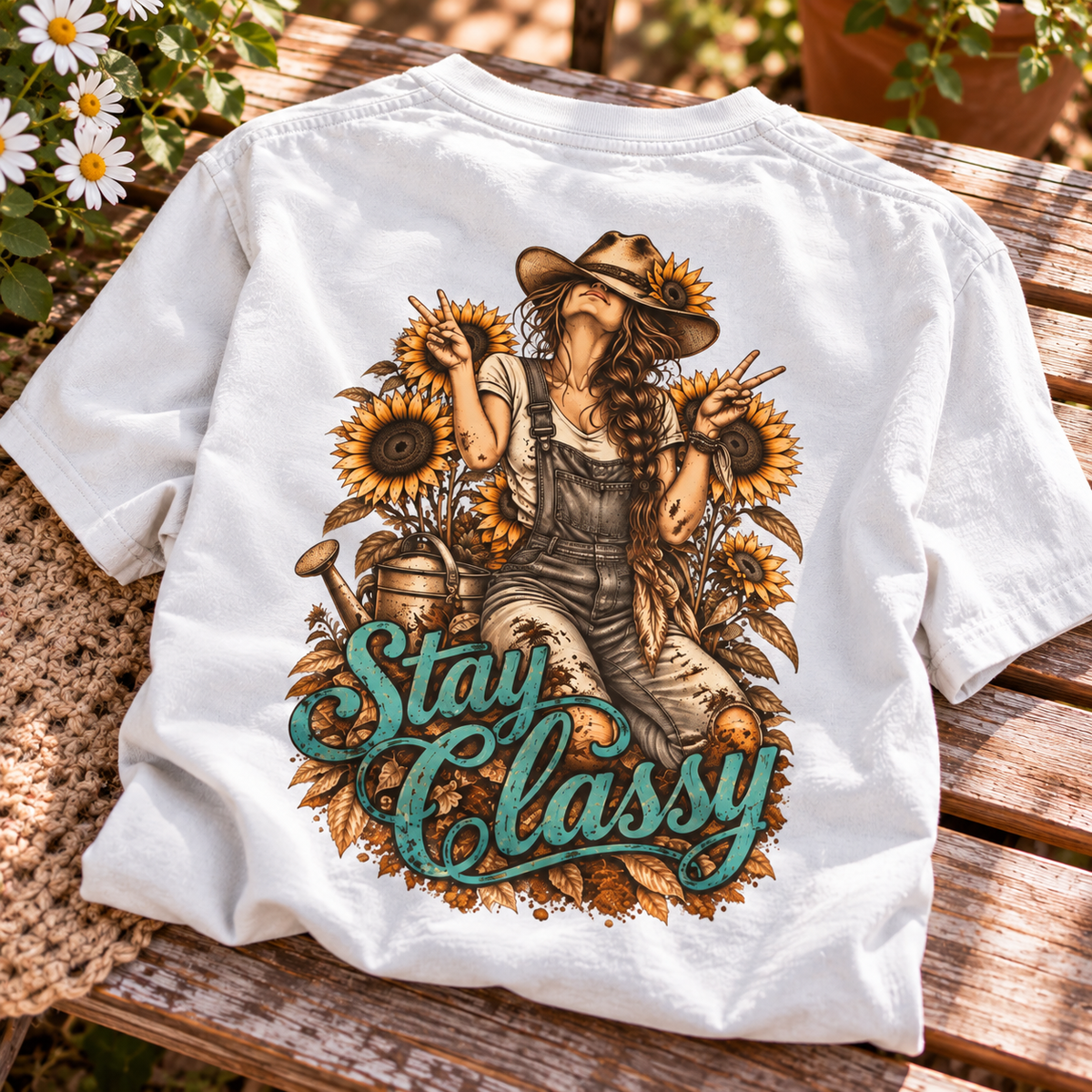 Stay Classy farm girl shirt with muddy cowgirl in overalls, sunflowers and peace signs back print