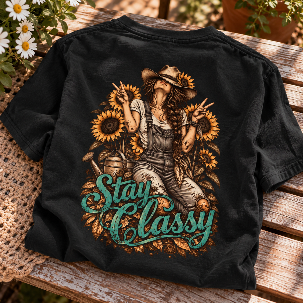 Stay Classy farm girl shirt with muddy cowgirl in overalls, sunflowers and peace signs back print